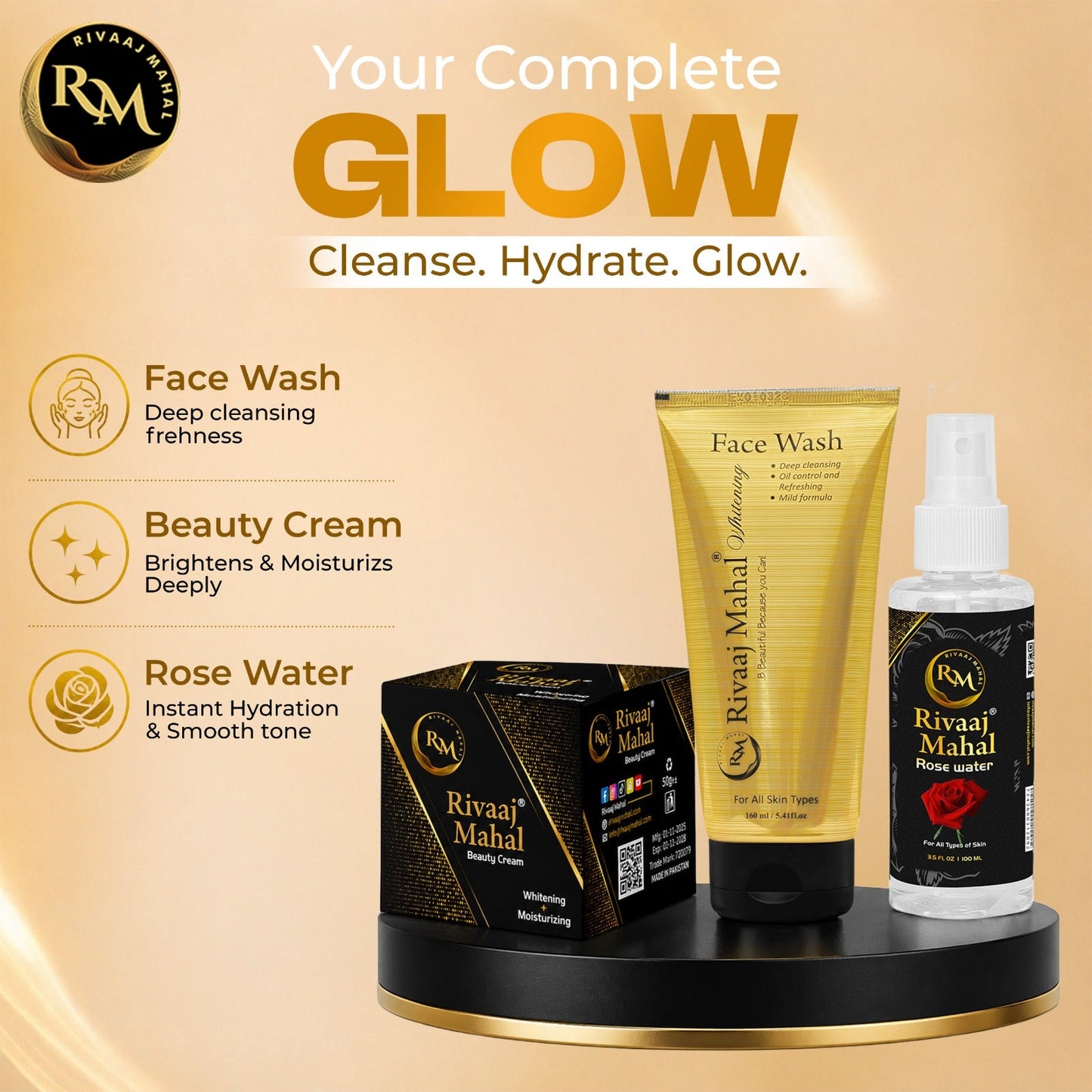 Rivaaj Mahal Beauty Cream, Face Wash, and Rose Water, Bundle