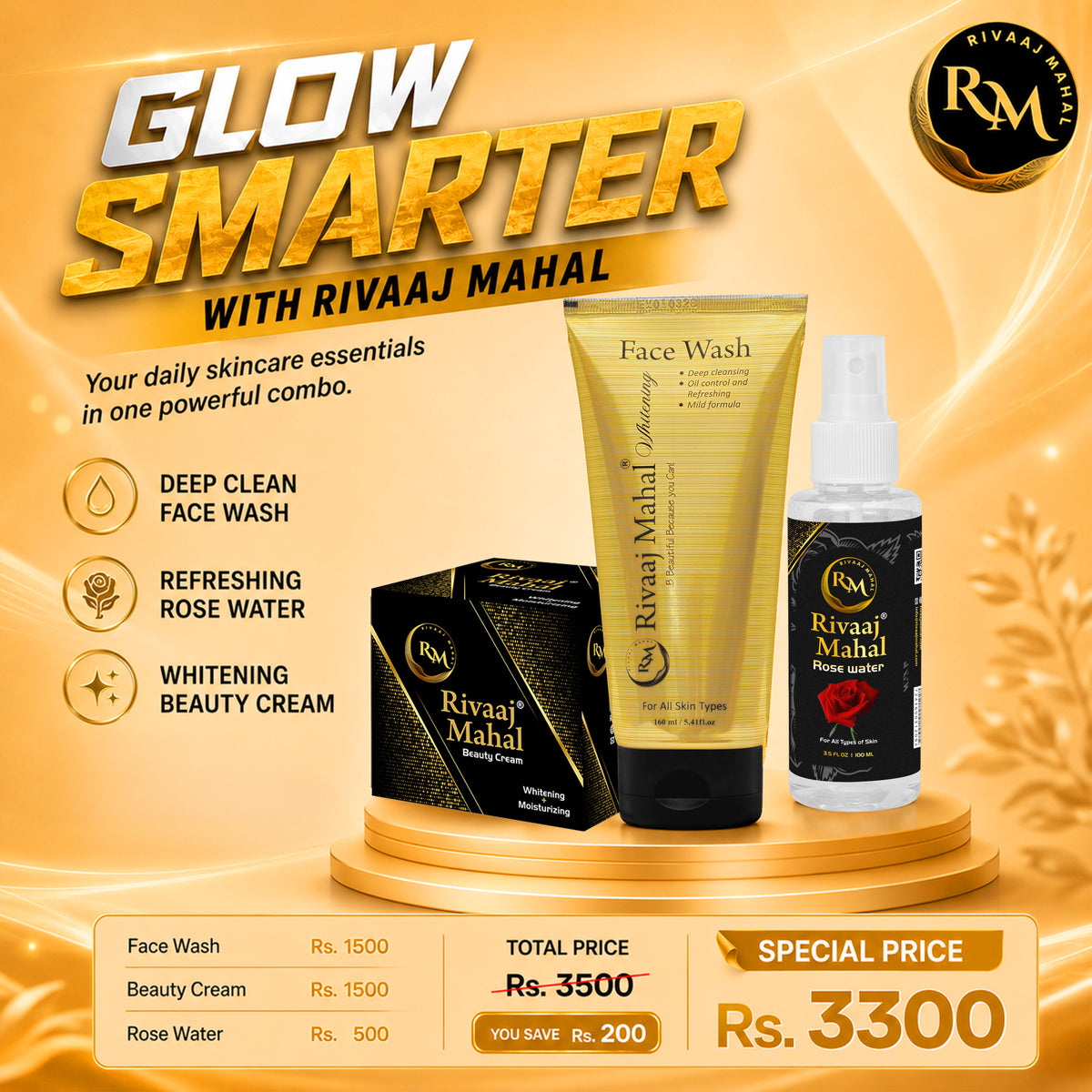 Rivaaj Mahal Beauty Cream, Face Wash, and Rose Water, Bundle